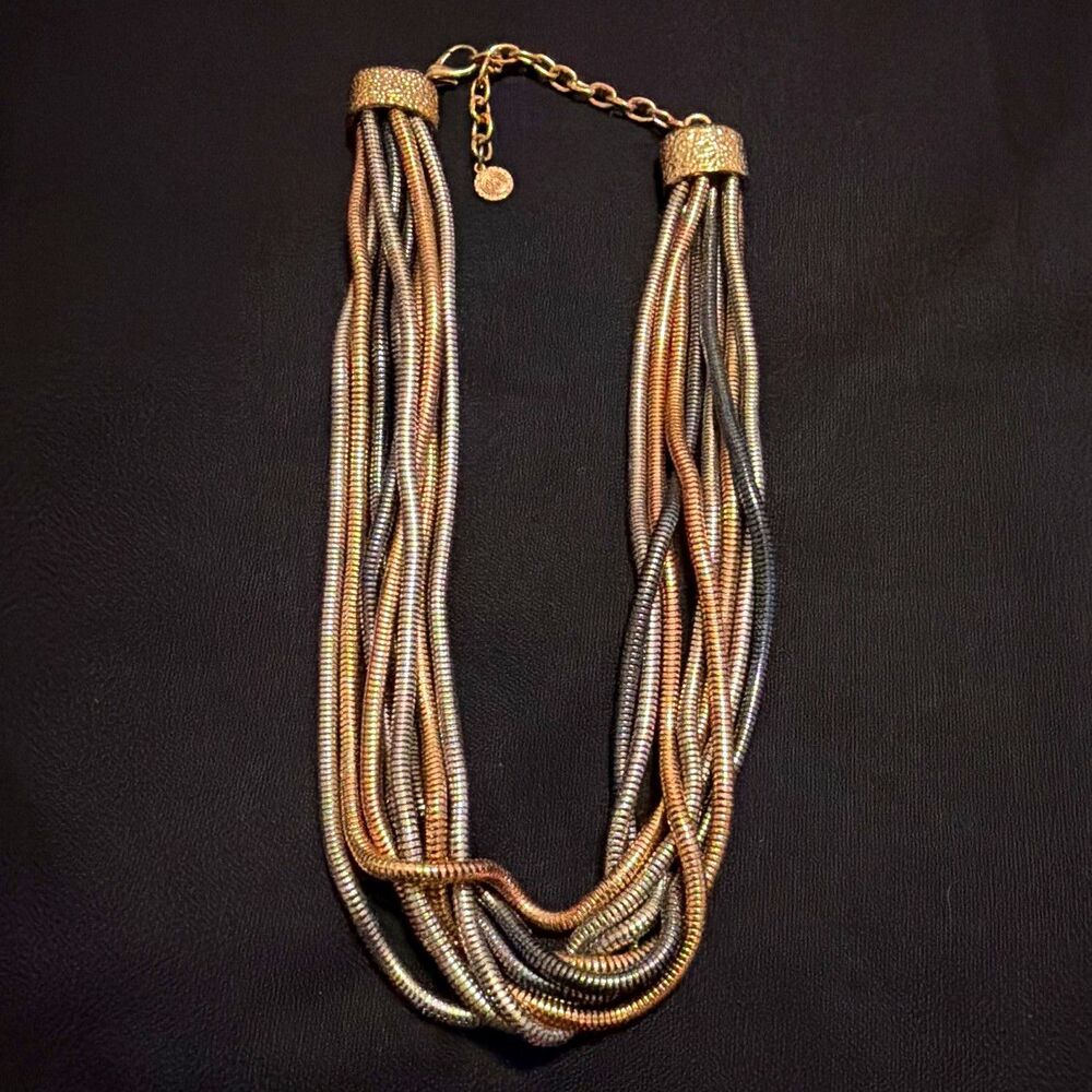 Vintage Graziano CN Tri-Tone Multi-Strand Snake Chain Necklace, Silver Gold Rose